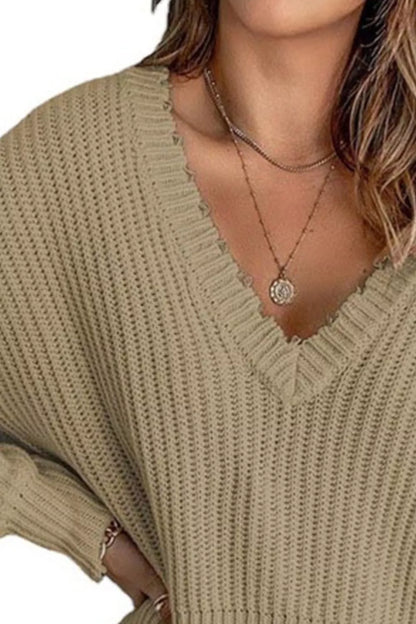 Full Size Raw Hem V-Neck Sweater Plus Size
