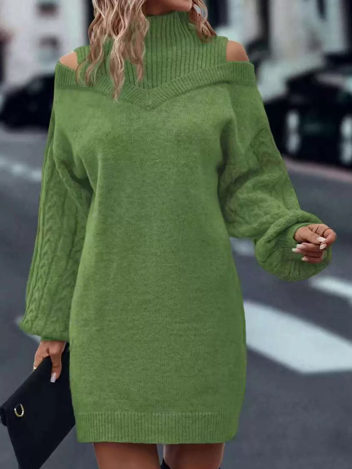 Cold Shoulder Cable Knit Mock Neck Sweater Dress