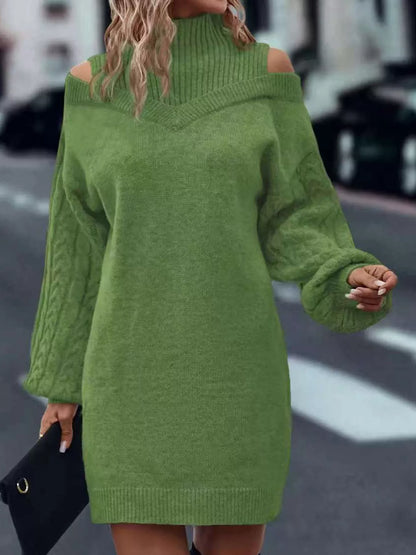 Cold Shoulder Cable Knit Mock Neck Sweater Dress