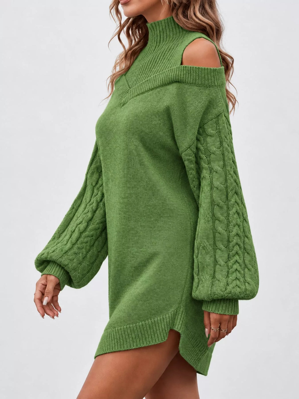 Cold Shoulder Cable Knit Mock Neck Sweater Dress