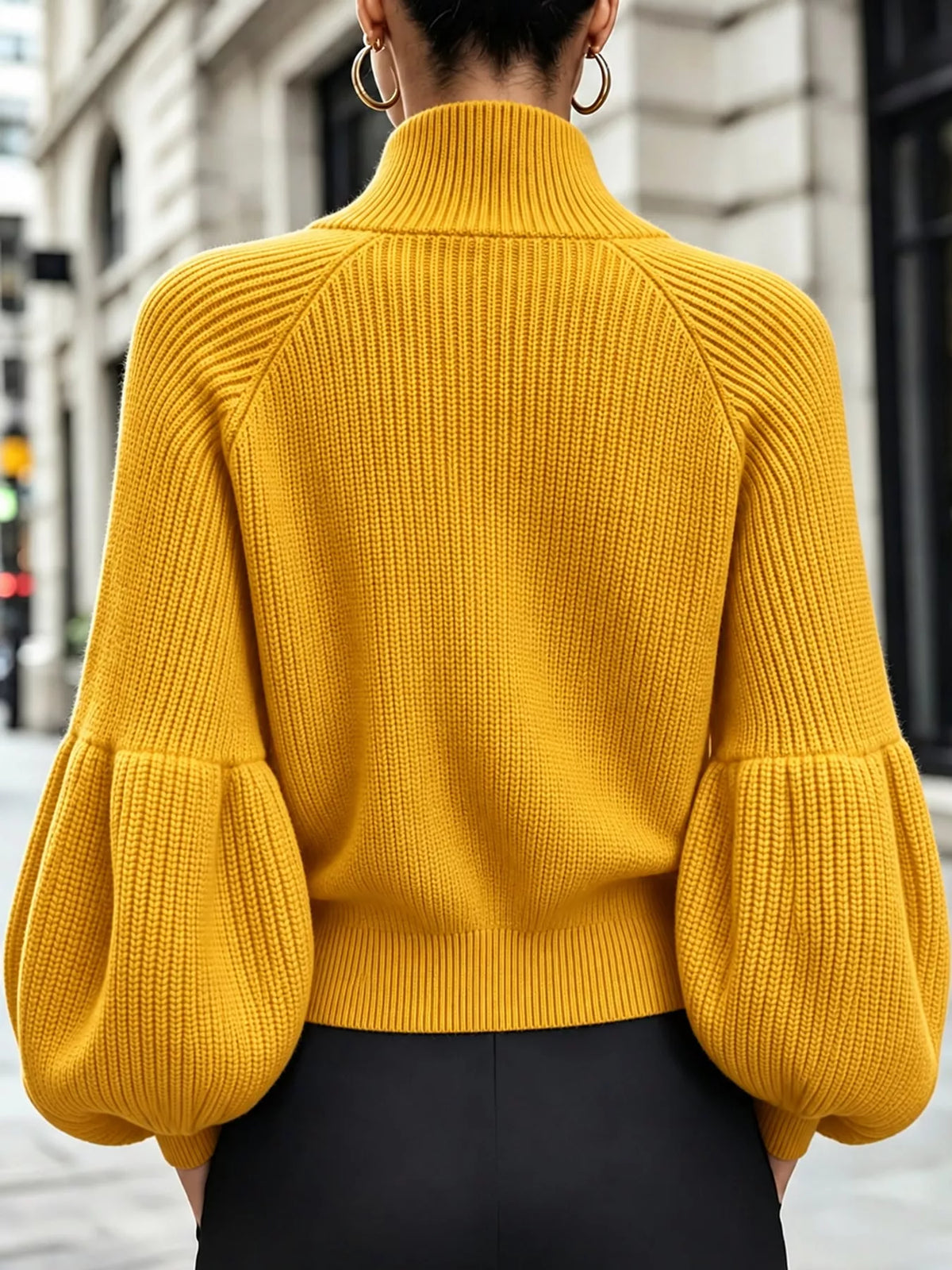 Full Size Elegant Ribbed Knit Zip-Up Cardigan with Lantern Sleeves Plus Size