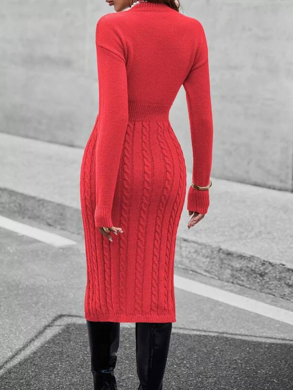 Full Size Mock Neck Cable Knit Sweater Dress with Front Slit Plus Size