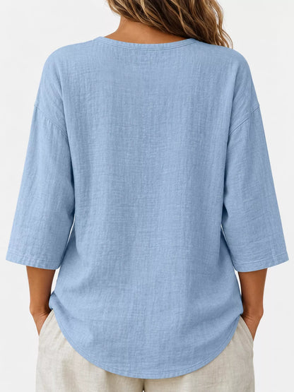 Full Size Button Detail Notched 3/4 Sleeve Blouse Plus Size