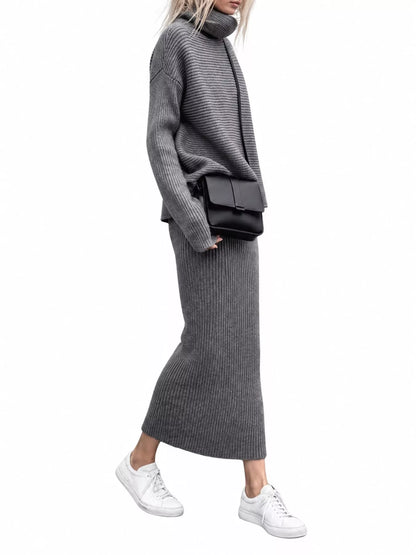Ribbed Turtleneck Sweater Set with Matching Midi Skirt