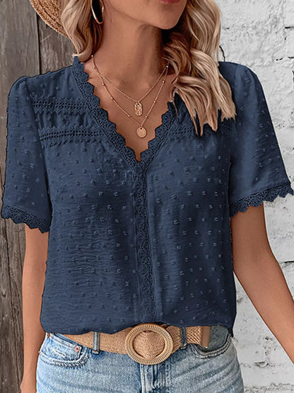 Elegant Swiss Dot V-Neck Blouse with Lace Trim