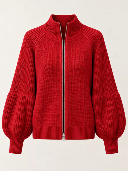 Full Size Elegant Ribbed Knit Zip-Up Cardigan with Lantern Sleeves Plus Size