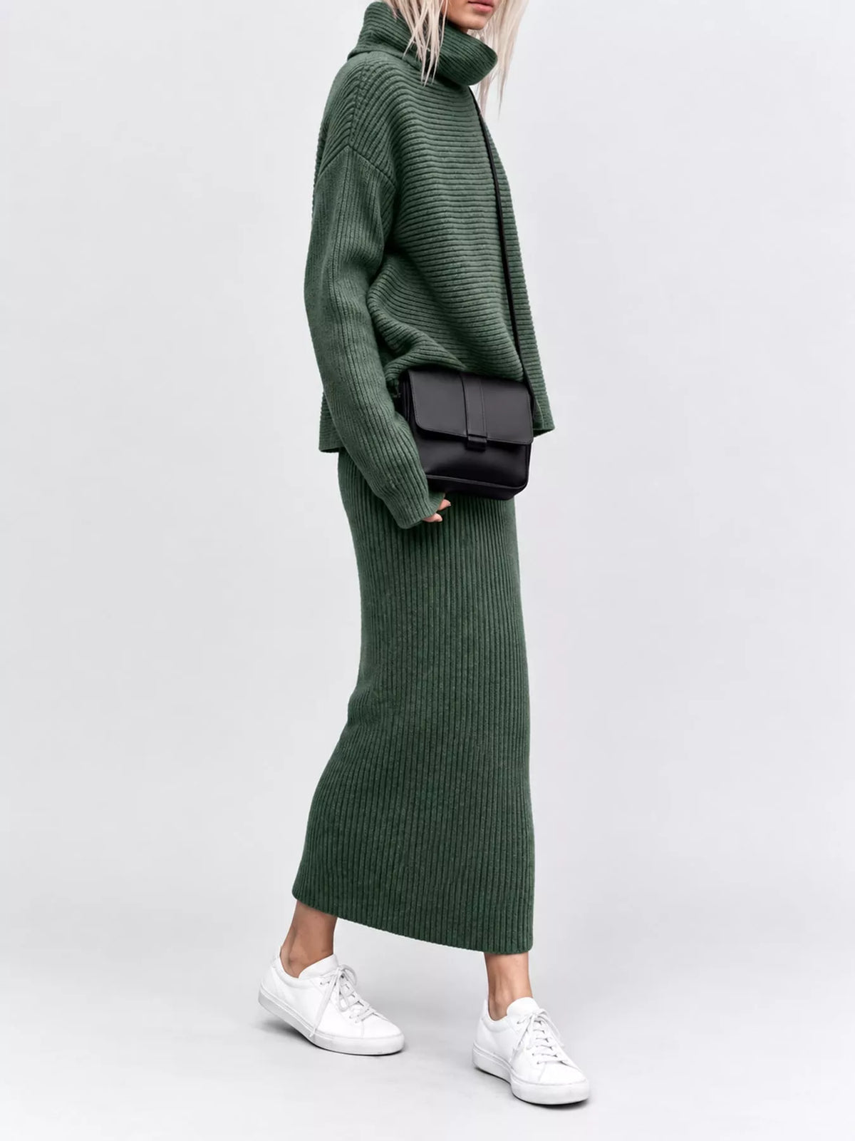 Ribbed Turtleneck Sweater Set with Matching Midi Skirt