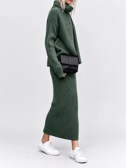 Ribbed Turtleneck Sweater Set with Matching Midi Skirt