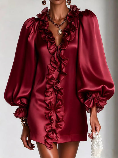 Ruffle Trim Puff Sleeve Mini Dress