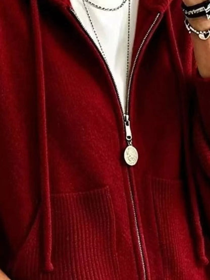 Full Size Casual Hooded Zip-Up Knit Cardigan Plus Size