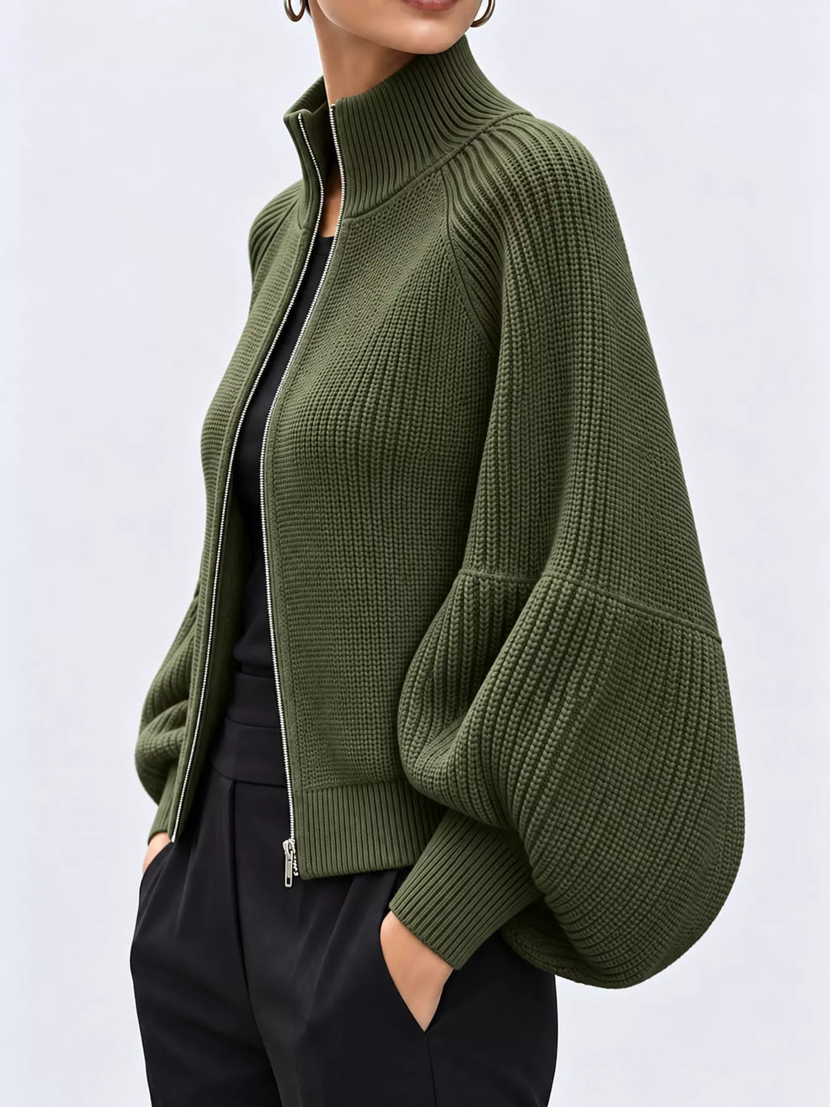 Full Size Elegant Ribbed Knit Zip-Up Cardigan with Lantern Sleeves Plus Size