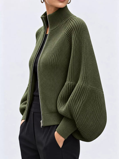 Full Size Elegant Ribbed Knit Zip-Up Cardigan with Lantern Sleeves Plus Size