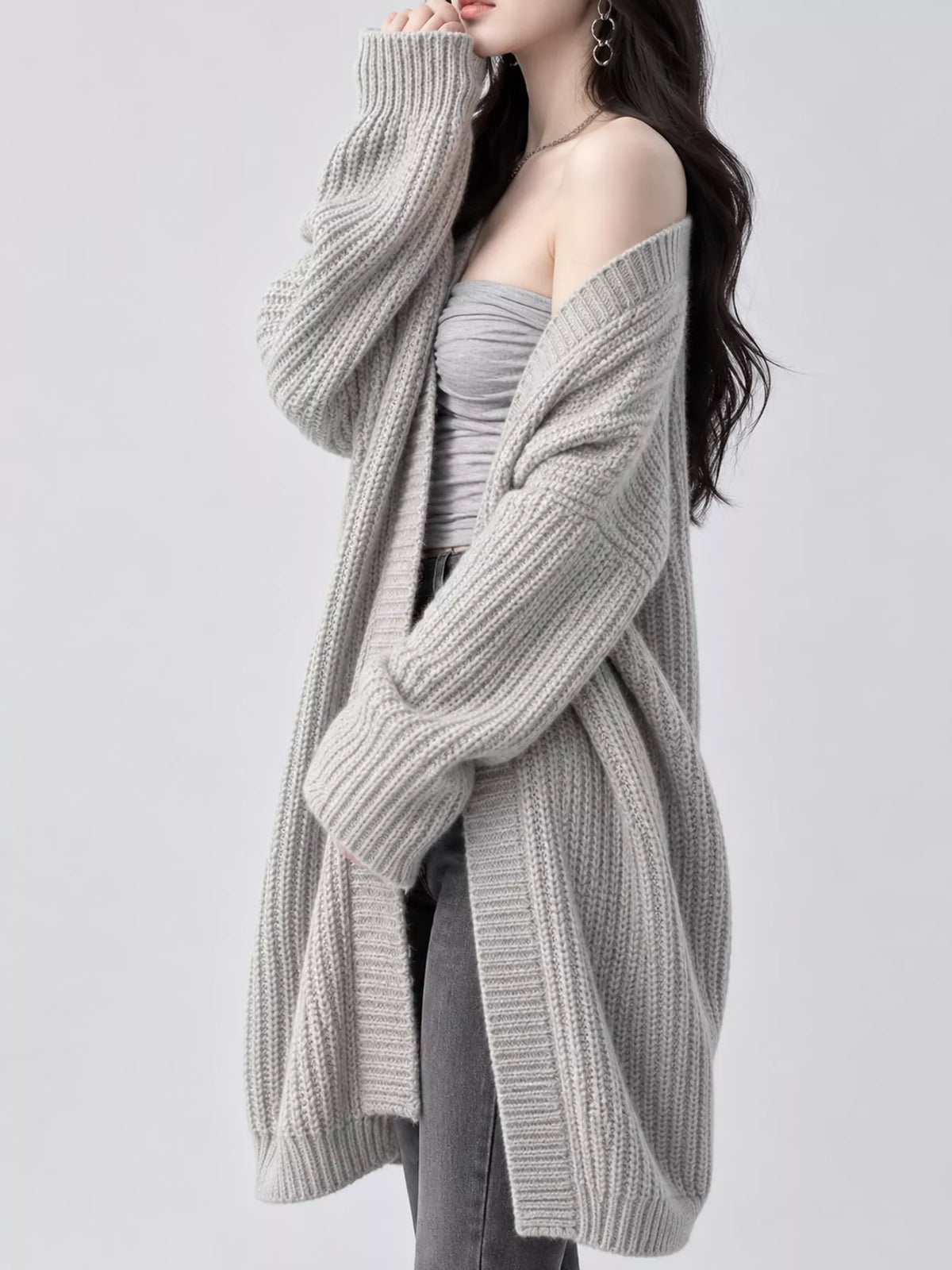 Full Size Chunky Knit Openwork Front Longline Cardigan Plus Size
